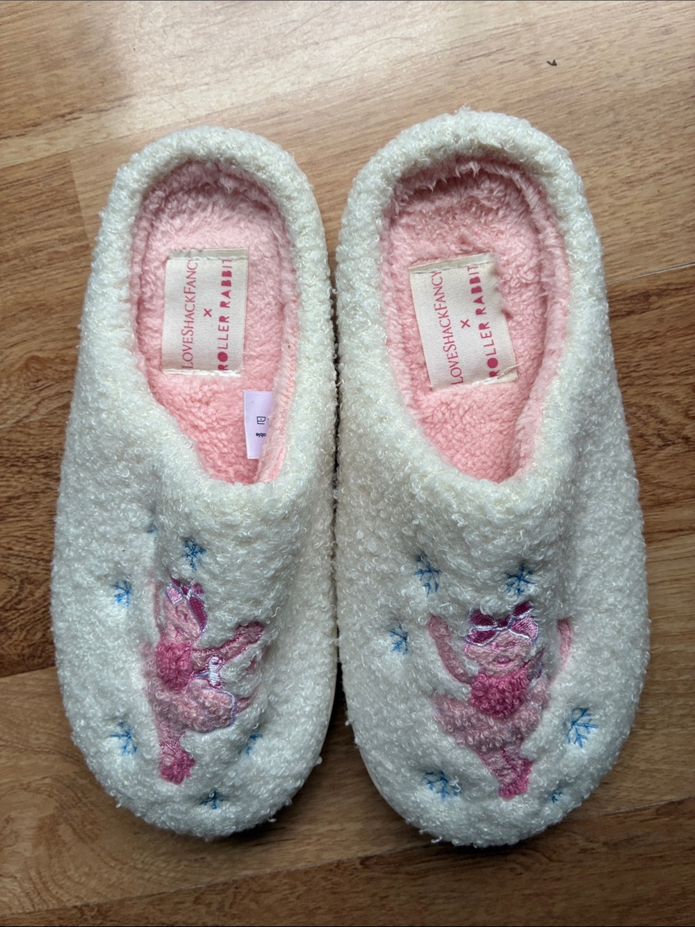 LoveShackFancy Roller Rabbit Cream & Pink Embroidered Slippers read